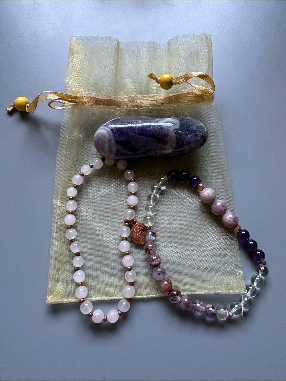 Handmade Rose Quartz & Amethyst Beaded Bracelet & Chevron Amethyst Stone Set